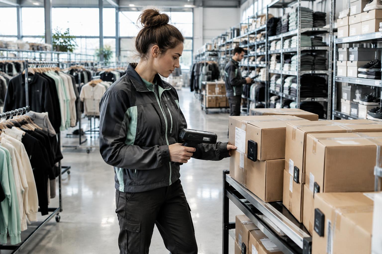 Apparel warehouse associate scanning tagged cartons with an RFID reader