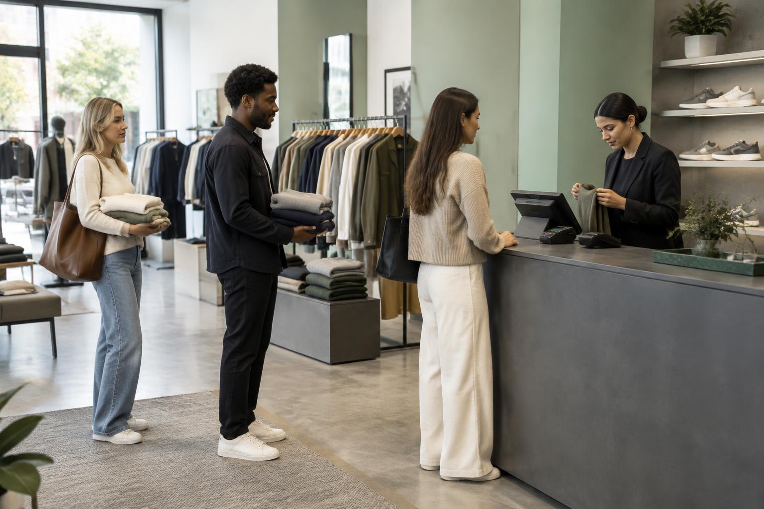 Shoppers waiting for a cashier to scan clothing